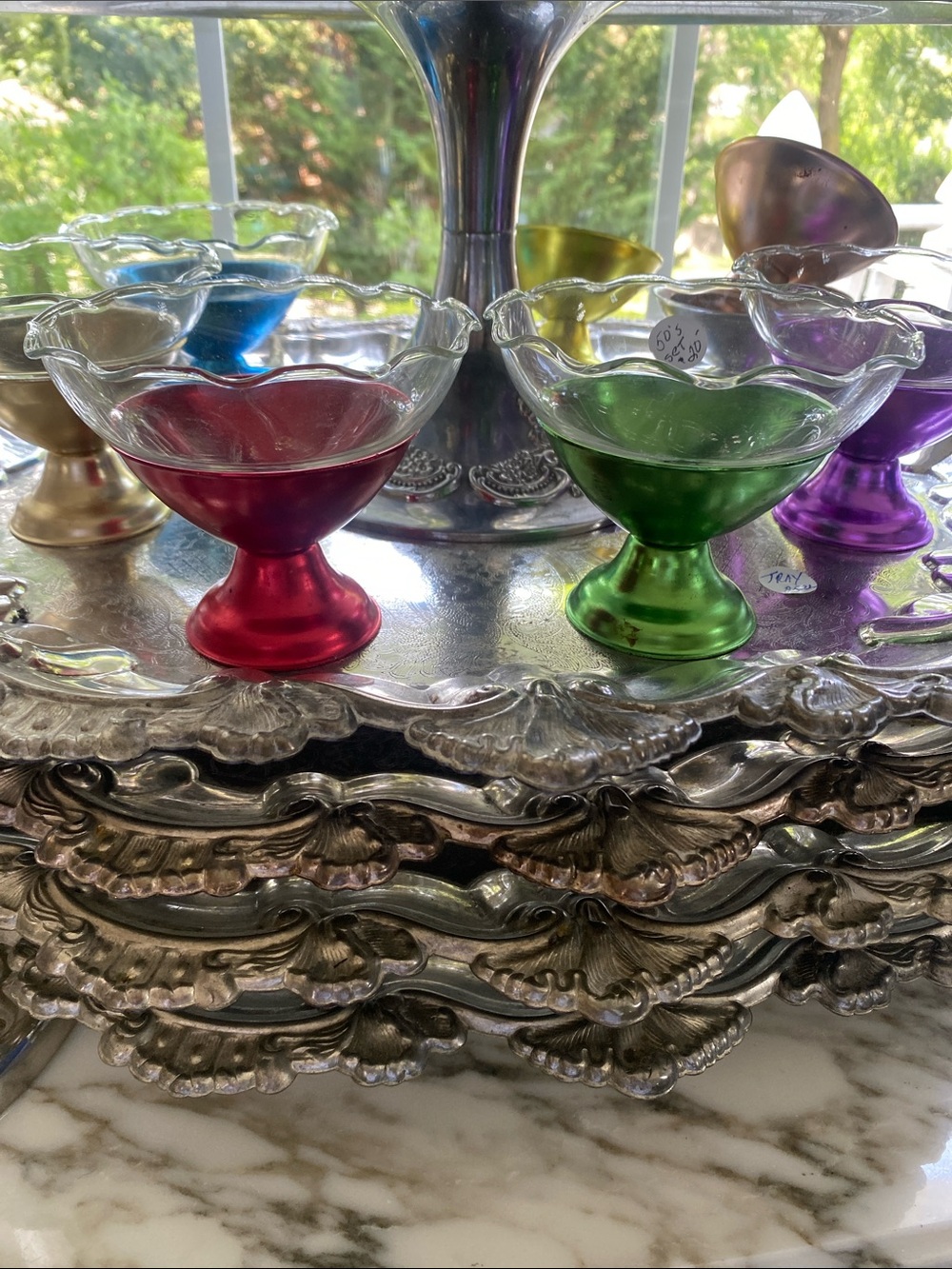 Antique dessert cups/ glass and aluminum holders